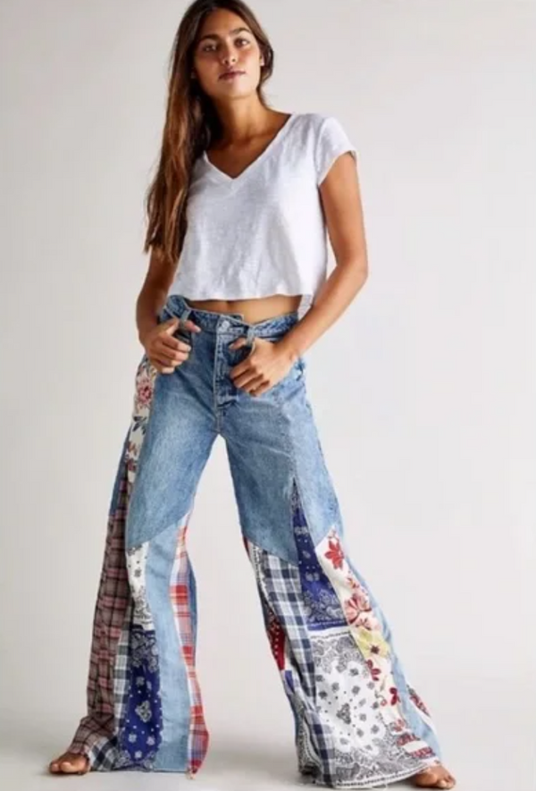 Flared hippie patchwork denim pants.