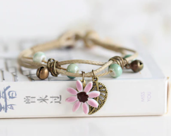 Feuille de fleur bracelet cordon céramique et cuivre bohème romantique.