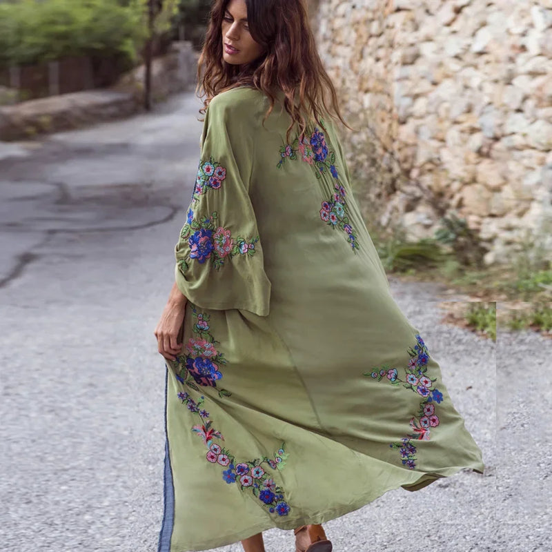 Embroidered floral Boho Kimono Caftan.