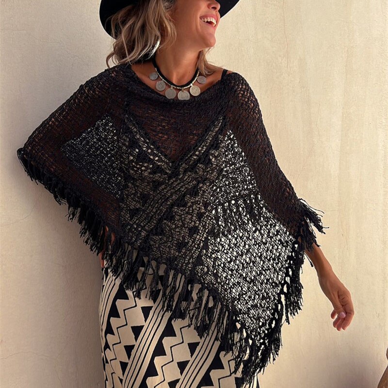 Unique knitted bohemian shawl cape.