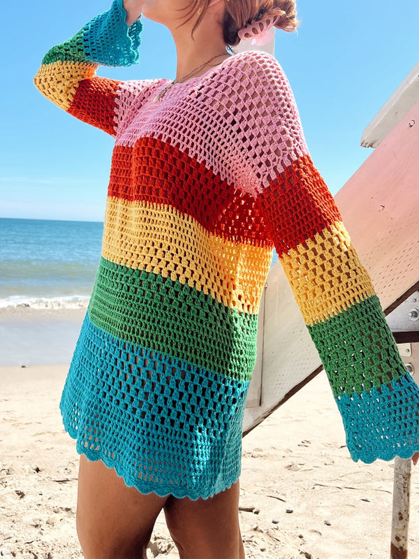 Rainbow bohemian crochet tunic sweater.