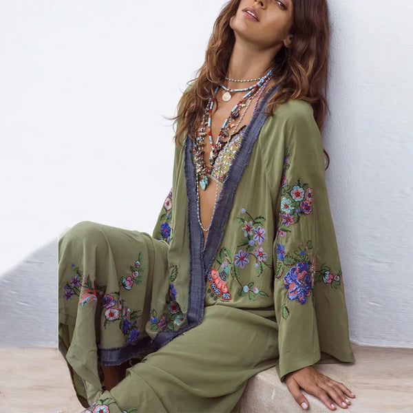 Embroidered floral Boho Kimono Caftan.