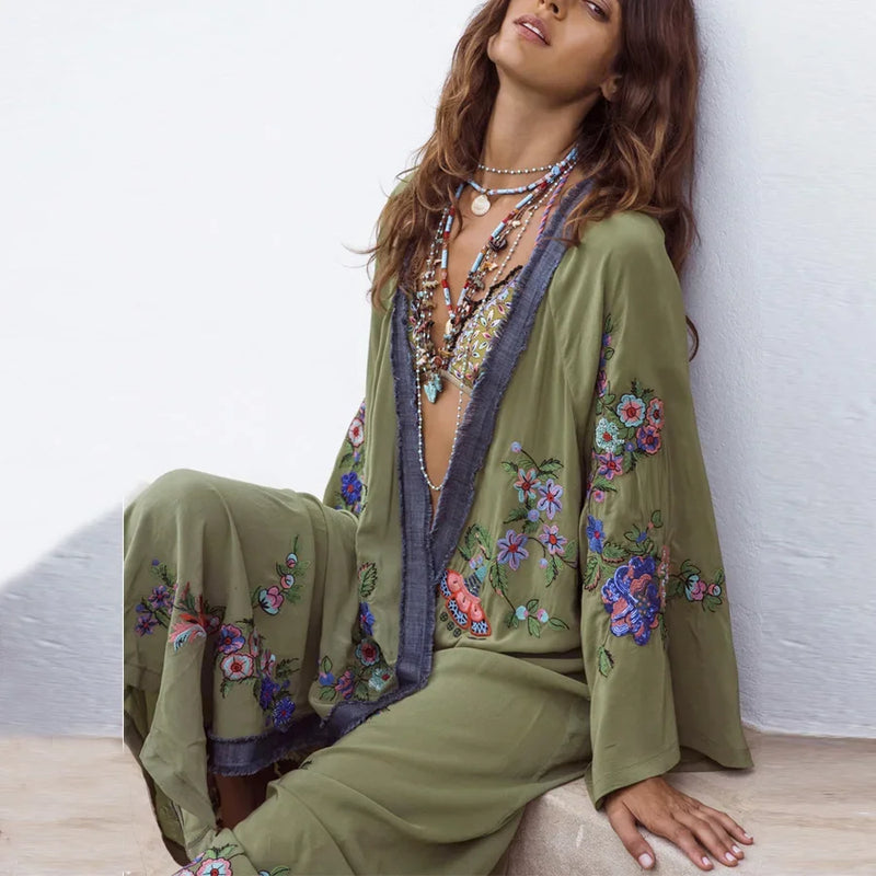 Embroidered floral Boho Kimono Caftan.