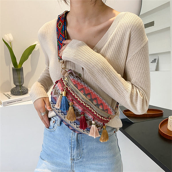 The multicolored woven hippie belt bag.