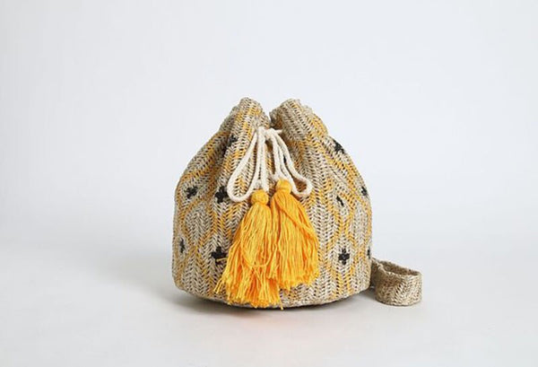 Bohemian patchwork straw purse.