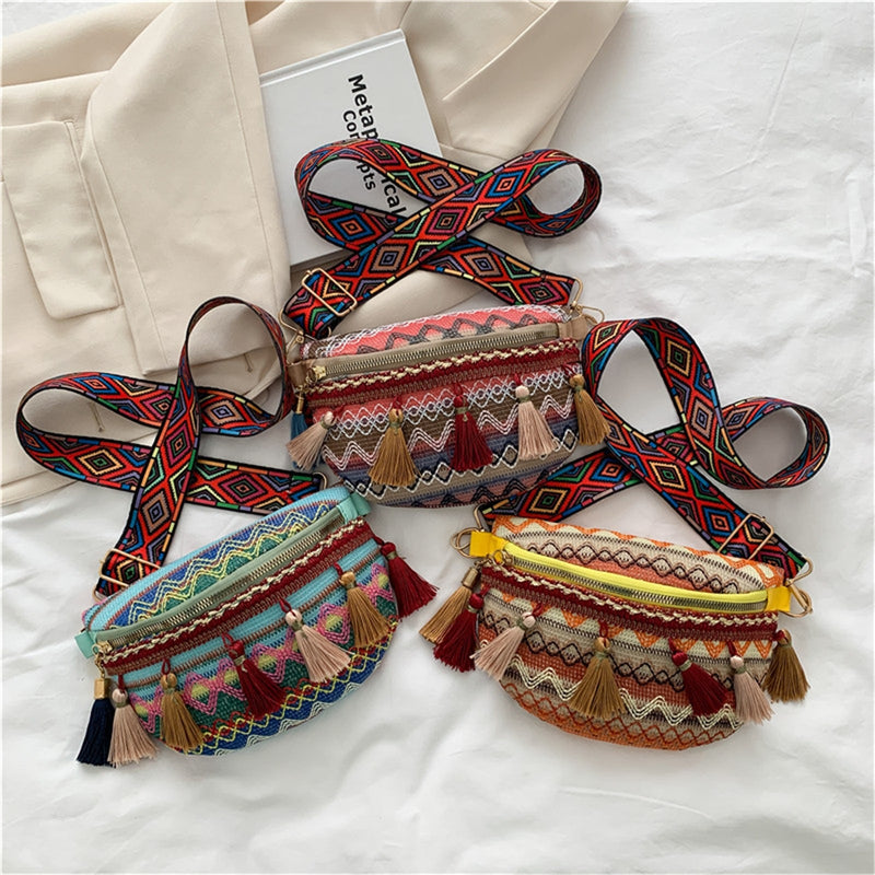 The multicolored woven hippie belt bag.