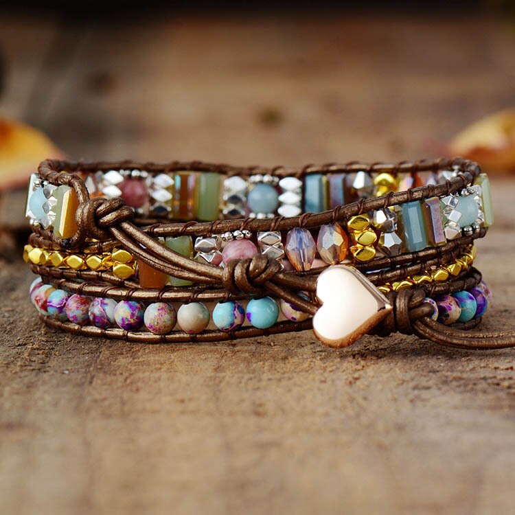 Bohemian leather wrap bracelet with natural stones.