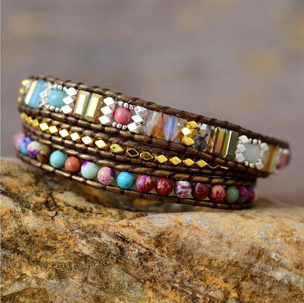 Bohemian leather wrap bracelet with natural stones.
