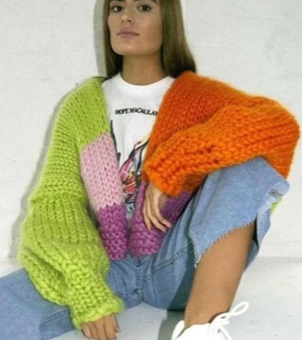 Gros pull tricot hippie multicolore.