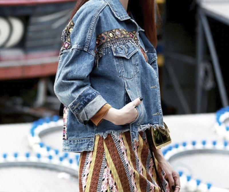 Bohemian embroidered beaded patchwork jean jacket.