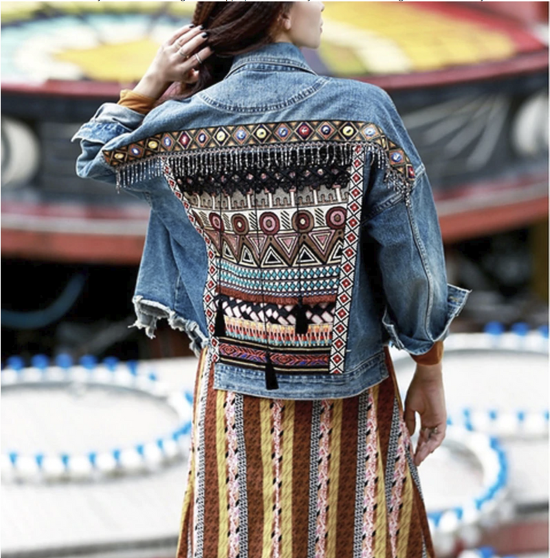 Bohemian embroidered beaded patchwork jean jacket.
