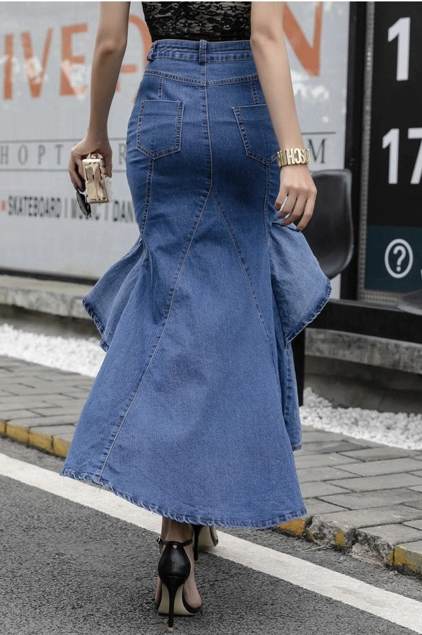Bohemian long denim skirt with asymmetrical ruffles.