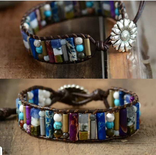Bracelet hippie Bohême organique pierre et perle naturelle cordées.