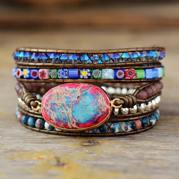 Bohemian leather wrap bracelets with semi-precious stones and crystal.