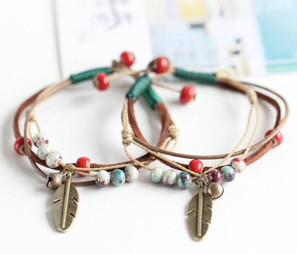Romantic bohemian porcelain and copper cord bracelet flower leaf.